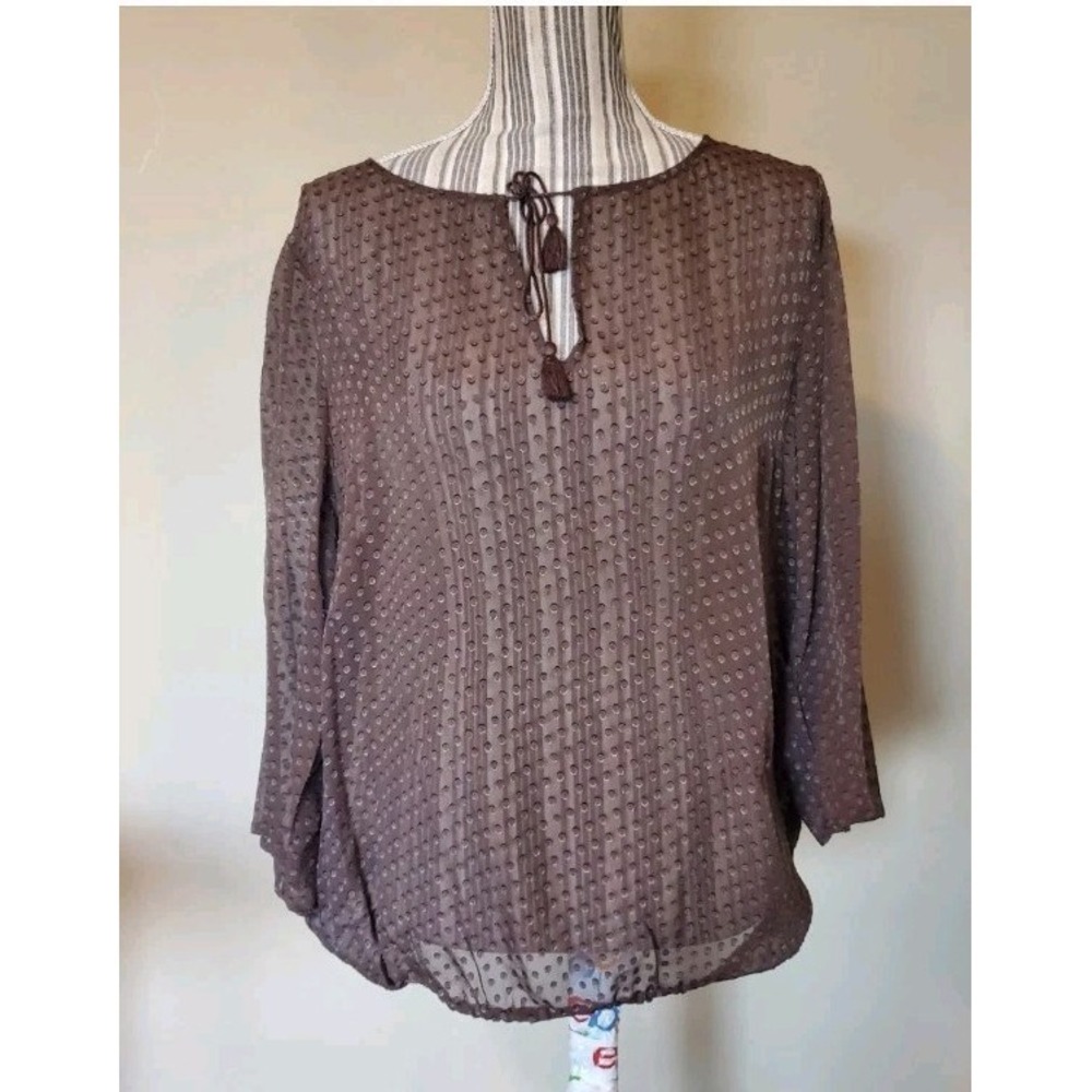 Tommy Bahama Women Top Sheer‎ Silk Blend 3/4 Sleeve Tectured Brown Sz Large